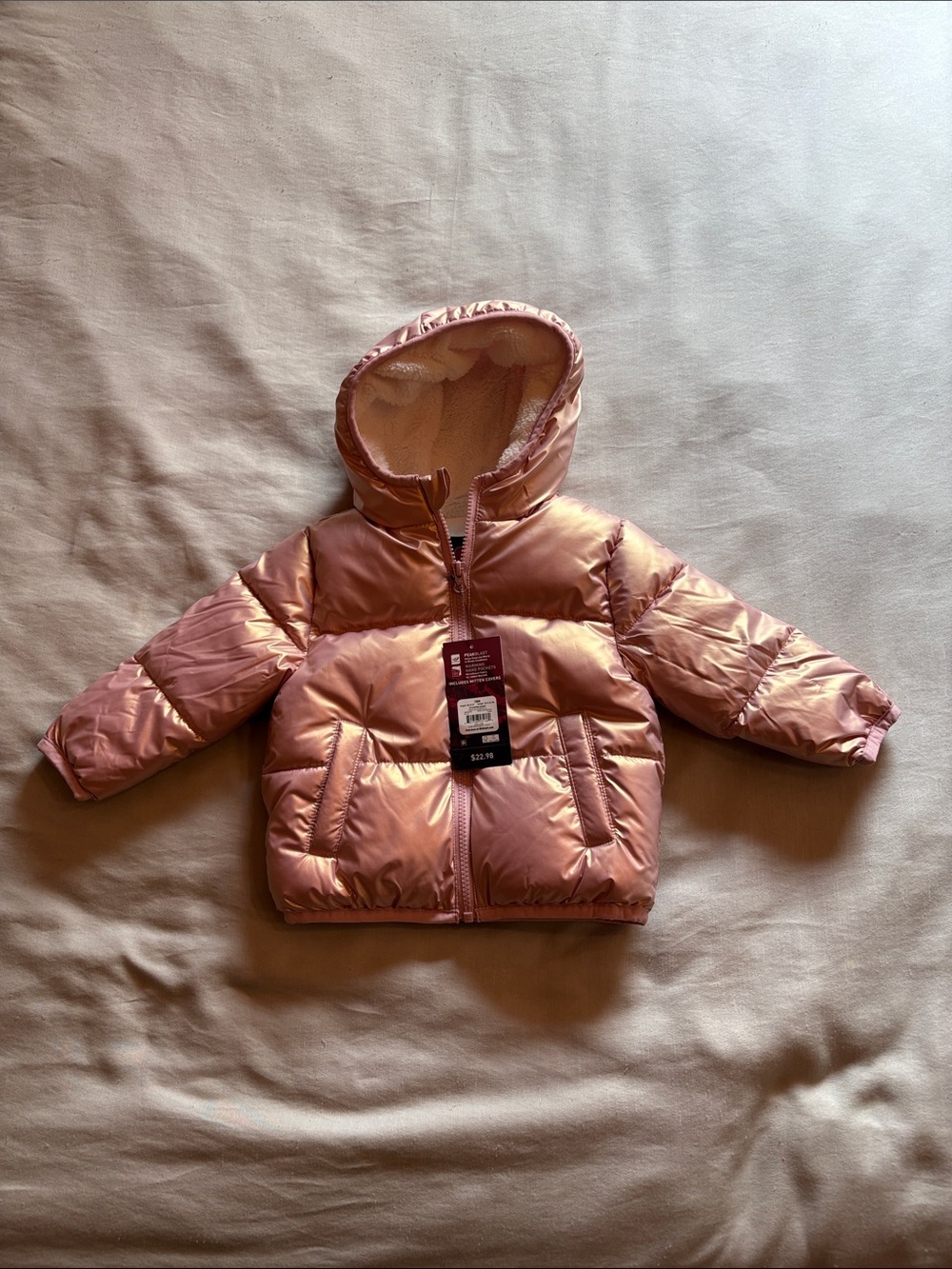 Swiss Tech Fleece Lined Pink Puffer Jacket Hooded & mitten cover - 18 months NWT